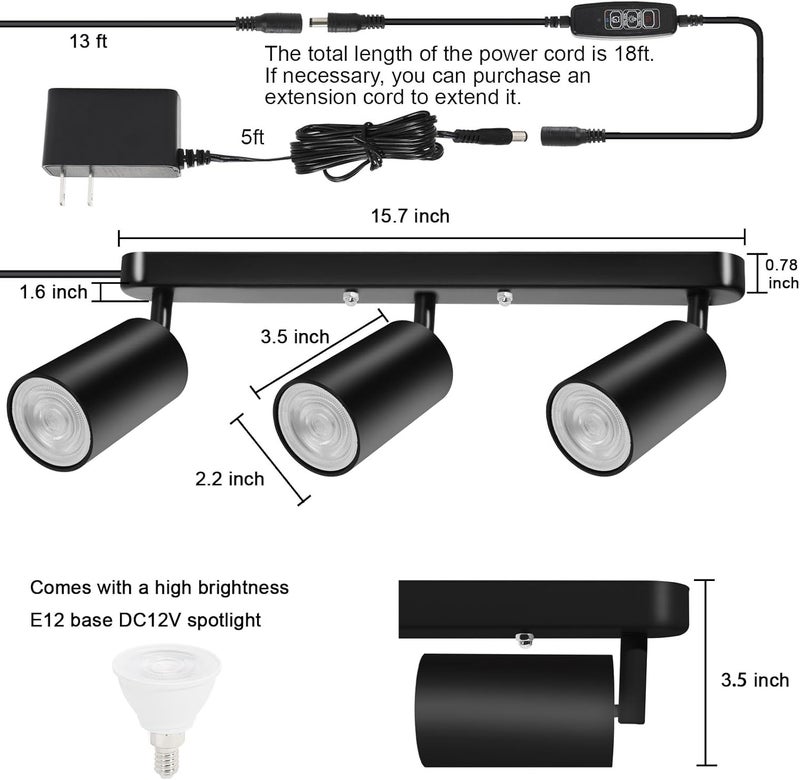 Taysing Plug in Track Lighting Track Light Fixtures with Power Cord Wall Spotlight Flexibly Rotatable Heads Plug in Ceiling Lights for Kitchen Cabinet Gallery Bar Living Room 15W 3000K(Black, 3 Heads) - Image 3